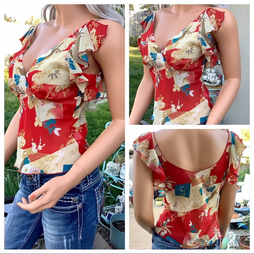 VTG Sm/Med 6 Crop Top Sheer Flutter Sleeve Blouse
